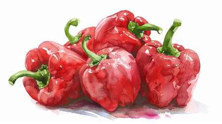 Vibrant Watercolor Illustration of Red Bell Peppers. Concept of Fresh Vegetables, Healthy Food, Farm Produce, Nutritional Eating. Isolated on white background.の写真素材