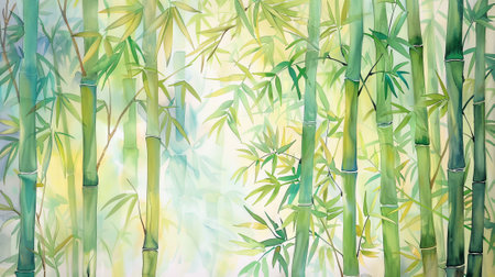 Serene watercolor illustration of a lush bamboo grove with soft sunlight filtering through green leaves. Concept of nature, tranquility, Asian landscape, peaceful greenery.の写真素材