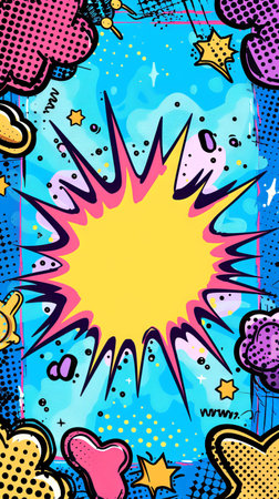 Vibrant Pop Art Style Banner with Bright Colors and Comic Book Elements Including Stars, Clouds, and Halftone Patterns. Copy space. Background. Vertical.の写真素材