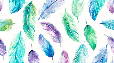 Colorful watercolor feather pattern on white background.の写真素材