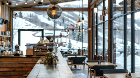 Trendy Cafe at a Ski Resort with Modern Decor and Scenic Snowy Mountain Views. Concept of Winter Getaway, Cozy Dining, Luxury Vacation, Snowy Landscape.の写真素材