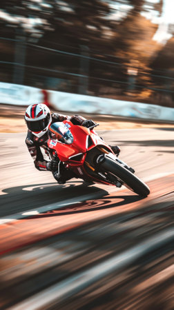 Motorcyclist in Full Gear Racing on a Curved Track with Blurred Motion Effect Concept of Speed, Adrenaline, High Performance Sports, and Motorcycle Racing Enthusiasm. Vertical.の写真素材