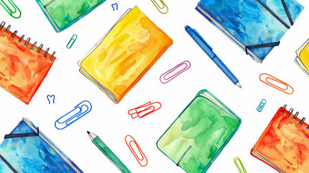 Colorful watercolor notebooks and stationery on white background. School supplies background.の写真素材