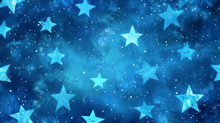 Vibrant pattern of blue stars on a midnight sky background. Watercolor illustration. Starry background.の写真素材