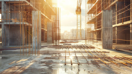 Construction Site of a Modern Building with Concrete Foundation and Reinforcement under Sunny Skies....