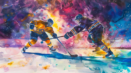 Vibrant Watercolor Illustration of Two Female Hockey Players in Action on the Ice. Concept of Women's Sports, Athleticism, Team Spirit, Ice Hockey.の写真素材