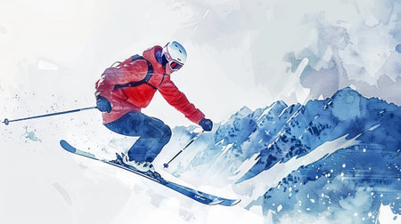 Watercolor Style Illustration of a Skier Mid-Jump in the Snowy Mountains. Concept of Winter Sports, Alpine Adventure, Action-Packed Skiing, and Snowy Landscapes.の写真素材