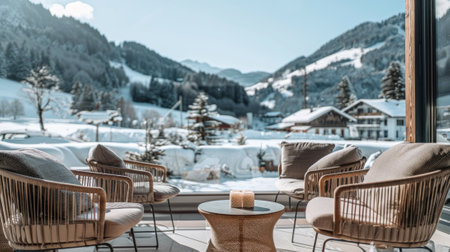 Cozy Outdoor Cafe Terrace Overlooking Snow-Covered Mountains in Winter. Concept of Winter Wonderland, Relaxation, Resort, Scenic Views, Serene Atmosphere.の写真素材