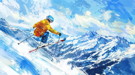Dynamic Watercolor Painting of a Skiing Woman in Winter Gear with Snow and Mountains in Background. Concept of Adventure, Winter Sports, and Artistic Expression.の写真素材