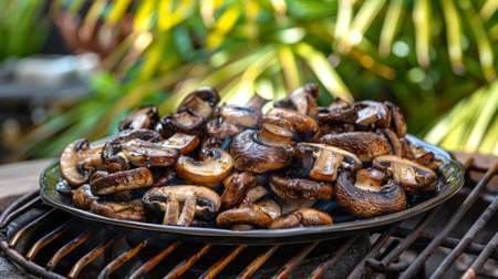Grilled mushrooms on a barbecue garnished with fresh herbs. Concept of outdoor cooking, healthy...