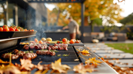 Outdoor autumn barbecue with grilled meat and vegetables. Concept of outdoor cooking, grilling, social gathering, and seasonal fall activities.の写真素材