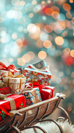 Christmas presents in a festive sleigh with sparkling bokeh background. Concept of holiday gifts,...