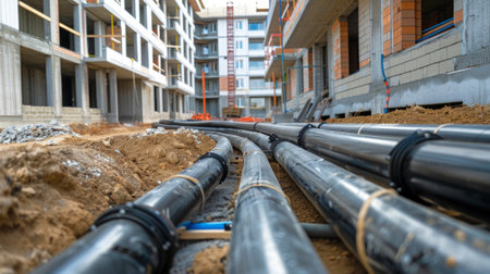 Construction site with connected plastic pipes between new residential buildings. Concept of urban...
