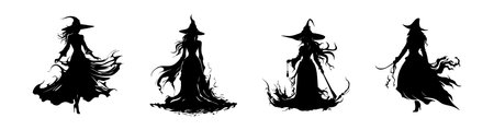 Black silhouette of witches in flowing robes isolated on a white background. Concept of magic, Halloween, mystical figures, witchcraft. Print, icon, design element. Set.のイラスト素材