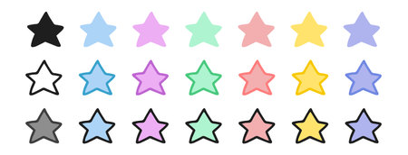 Set of star icons featuring colored illustrations, black silhouette, black outline versions. Isolated on white background. Concept of astronomy, celestial bodies, space exploration. Design elements.のイラスト素材