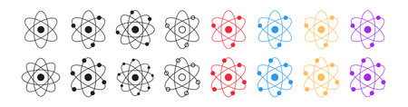 Set of atom icons with colored versions, black silhouettes, black outlined atoms with orbiting...