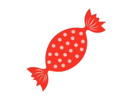 Red wrapped candy flat illustration with polka dot pattern isolated on a white background. Concept of sweet treat, colorful confectionery, simple design, candy wrapper. Icon, print design element.のイラスト素材