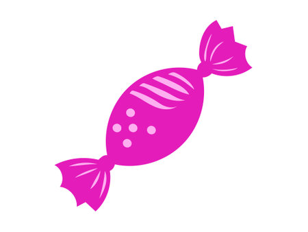 Pink wrapped candy flat illustration with polka dot pattern isolated on a white background. Concept of sweet treat, colorful confectionery, simple design, candy wrapper. Icon, print design element.のイラスト素材