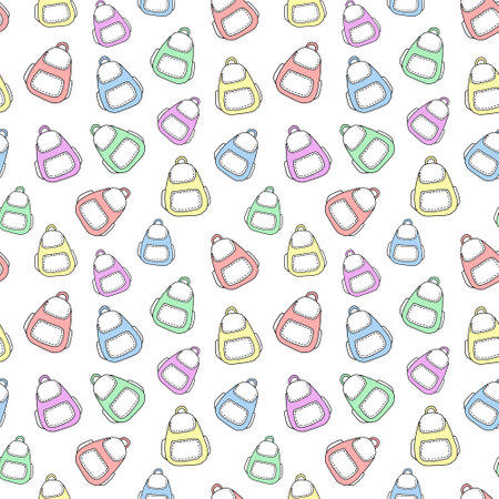 Seamless pattern with colorful backpacks isolated on white background. Concept of school accessories, student gear, travel, and tourism. Modern design element for textiles, wrapping paper, stationery.のイラスト素材