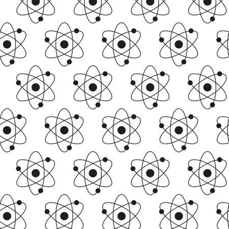 Seamless Black Atom Pattern on White Background. Concept of Science Illustration, Atomic Structure, Chemistry, Physics. Educational Design Element, Scientific Wallpaper, Wrapping paper, Print.のイラスト素材