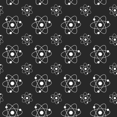 Seamless White Atom Pattern on Black Background. Concept of Science Illustration, Atomic Structure, Chemistry, Physics. Educational Design Element, Scientific Wallpaper, Wrapping paper, Print.のイラスト素材