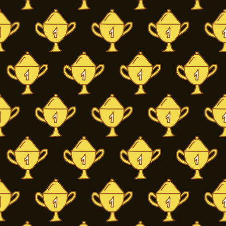 Seamless Pattern of Golden trophy Cups with Number One on Black Background. Concept of Success, Achievement, Award Trophies, Winning, victory, prize, first place award. Wallpaper, Print, Textile.のイラスト素材