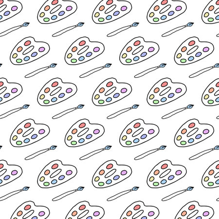 Seamless pattern of colorful artist palettes and brushes on white background. Concept of creative tools, art supplies, decorative design, painting essentials. Wallpaper, Print, Textile, Stationery.のイラスト素材