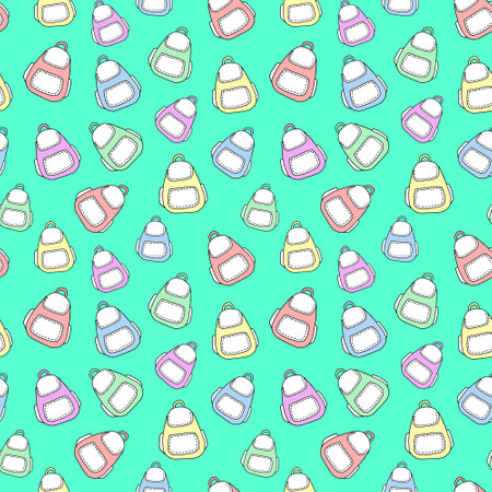 Seamless pattern with colorful backpacks isolated on green background. Concept of school accessories, student gear, travel, and tourism. Modern design element for textiles, wrapping paper, stationery.のイラスト素材