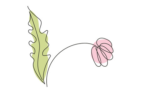 Continuous one line drawing of pink flower with green Leaf isolated on white background. Line art. Concept of nature, ecology, organic shapes, Floral Design, Botanical Art, Natural Beauty. Design element.のイラスト素材