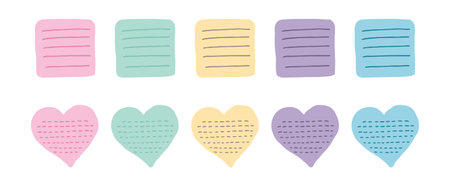 Set of Colorful Sticky Notes in Rectangular and Heart Shapes isolated on white background. Concept of Office Supplies, Cute Stationery, Organization Tools, Creative Designs, minimalist design Element.のイラスト素材