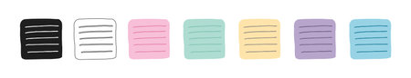 Set of minimalist square sticky notes with horizontal lines isolated on white background. Colored,...