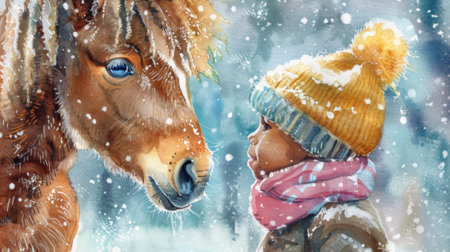 Young African American Child Contemplating in a Snowy Winter Landscape with a Horse. Concept of Childhood, Nature, and Reflection. Watercolor illustration.の写真素材