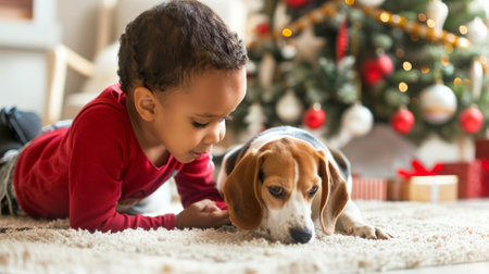 African American Child Playing with a Beagle Next to a Christmas Tree. Concept of Holiday Spirit, Kids and Pets, Festive Joy.の写真素材