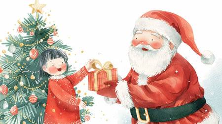 Watercolor illustration of Santa Claus giving a Christmas present to a girl in front of a decorated tree. Concept of holiday spirit, gift-giving, festive season.の写真素材