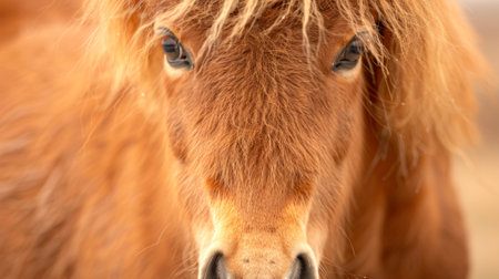 Close-Up of a Brown Pony's Face with Soft Focus on the Eye. Concept of Animal Beauty, Gentle Nature, , little horse, Equine Companionship.の写真素材