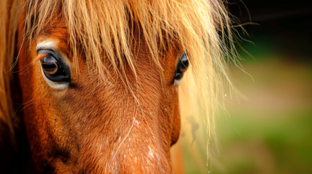 Close-Up of a Brown Pony's Face with Soft Focus on the Eye. Concept of Animal Beauty, Gentle Nature, , little horse, Equine Companionship.の写真素材
