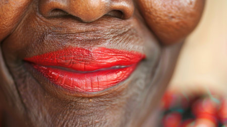 Close Up Photo of an Elderly African Woman's Lips with Red Lipstick. Concept of Beauty, Aging Gracefully, Skincare.の写真素材