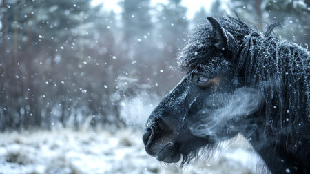 Majestic Black Pony in Snowy Forest During Wintertime. Concept of peaceful nature, animal beauty, winter wilderness, little horse.の写真素材