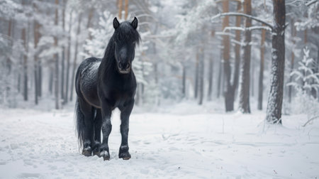 Majestic Black Pony in Snowy Forest During Wintertime. Concept of peaceful nature, animal beauty, winter wilderness, little horse.の写真素材