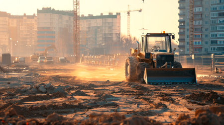 Bulldozer Leveling the Ground at a Construction Site in an Urban Environment. Concept of Urban Development, Heavy Machinery, Building Process.の写真素材