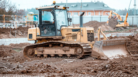 Bulldozer Leveling the Ground at a Construction Site in an Urban Environment. Concept of Urban Development, Heavy Machinery, Building Process.の写真素材