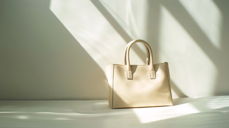 Elegant Beige Handbag in Sunlit Minimalist Setting. Concept of Modern Fashion Accessories, Clean Design, Sophisticated Style. Copy space.の写真素材