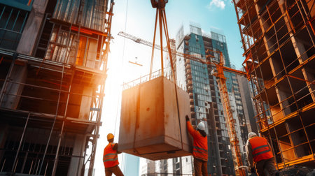 Construction workers guiding crane lifting large concrete block between high-rise buildings under construction. Concept of urban development, infrastructure, teamwork, heavy machinery in construction.の写真素材