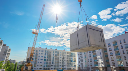 Construction Site with Crane Lifting Large Concrete Block in Bright Sunny Weather. Concept of Urban Development, Architectural Engineering, City Infrastructure.の写真素材