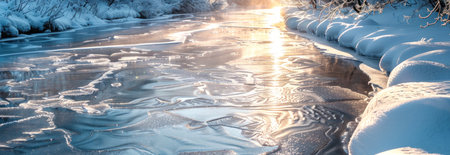 Frozen River with Intricate Ice Patterns at Sunset Creating a Magical Winter Landscape. Concept of Winter Serenity, Nature's Beauty, Calm Outdoors. Wide banner. Copy space.の写真素材