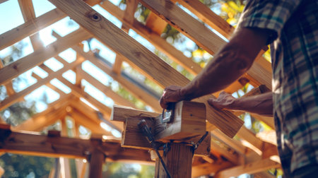 Male Landscape Worker Assembling Wooden Gazebo Frame Outdoors. Concept of Construction, Outdoor...