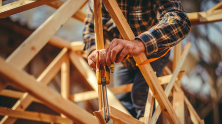 Male Landscape Worker Assembling Wooden Gazebo Frame Outdoors. Concept of Construction, Outdoor Working, Carpentry.の写真素材