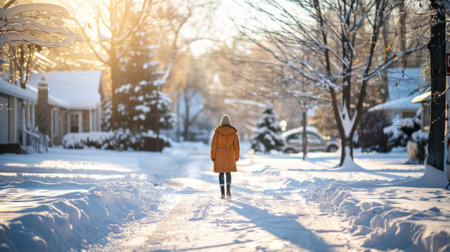 Young Woman Walking Alone on a Snowy Street During a Bright Winter Day. Concept of Solitude, Peaceful Walk, Winter Wonderland.の写真素材