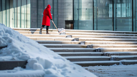 Woman in Red Coat Sweeping Snow Off Steps in a Modern Urban Area. Concept of Winter Chores, City Life, Daily Routine.の写真素材