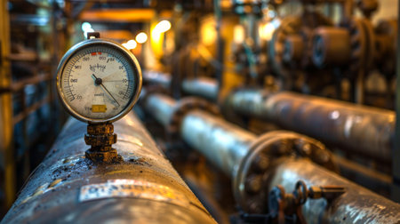 Industrial Pressure Gauge in Factory Setting - Concept of Mechanical Engineering, Industrial Maintenance, Heavy Machinery.の写真素材